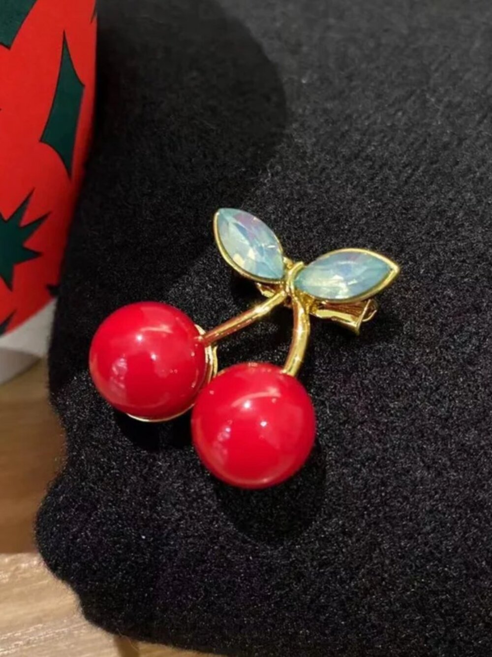 Cherry Fruit Brooch Pin – Red Cherry Gold Tone Lapel Pin with Crystal Leaves
